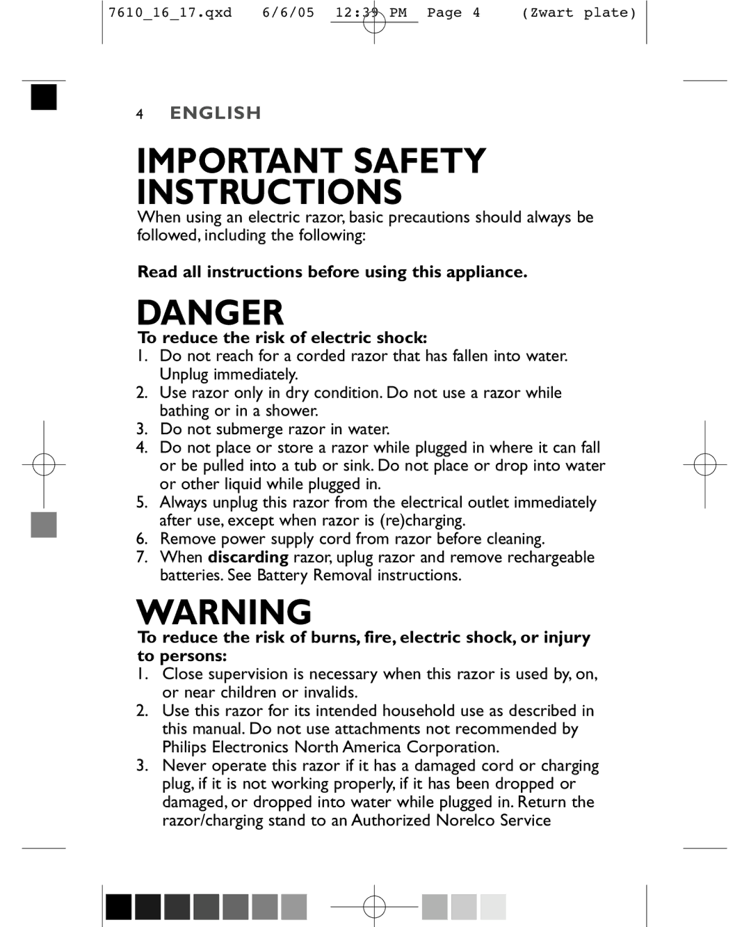 Philips 7616X, 7610X manual Important Safety Instructions, Remove power supply cord from razor before cleaning 