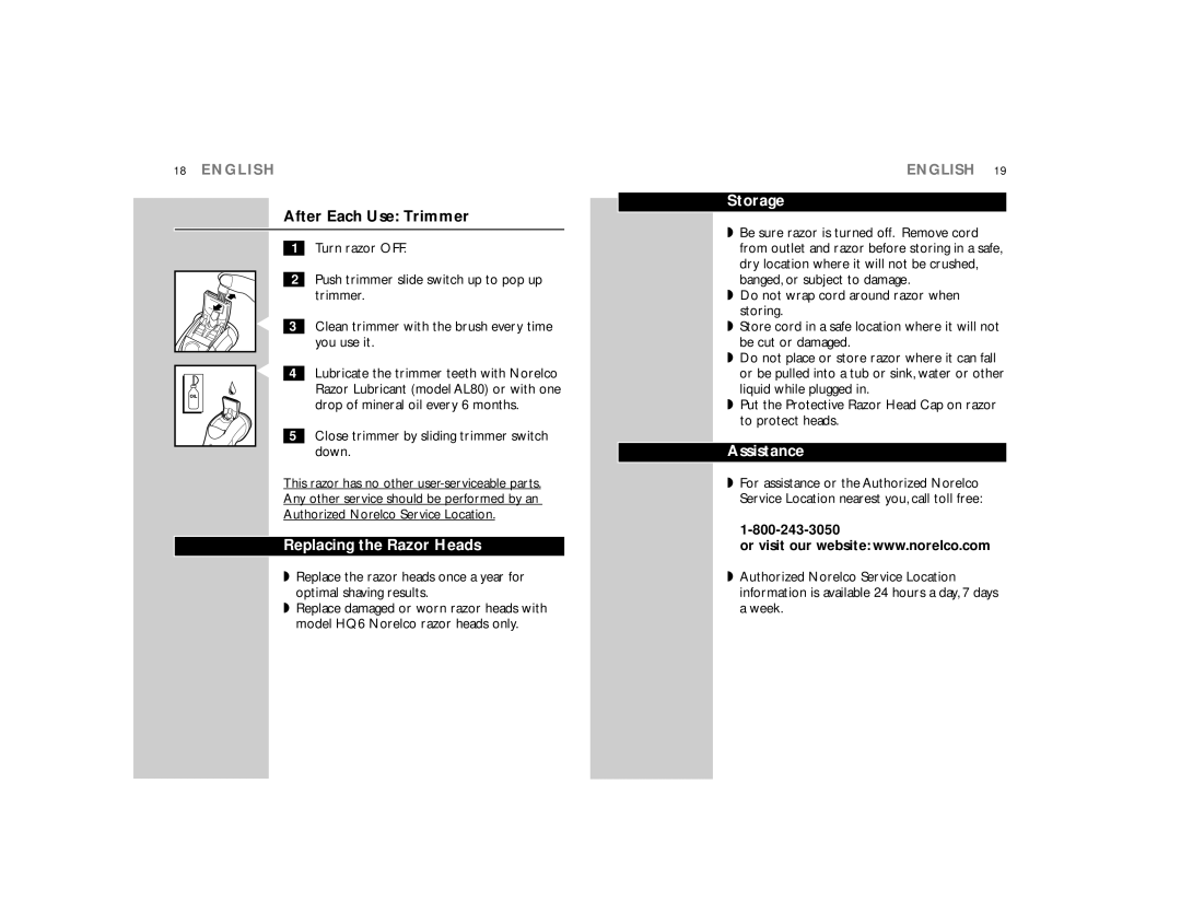 Philips 7617X manual After Each Use Trimmer, Replacing the Razor Heads, Storage, Assistance 