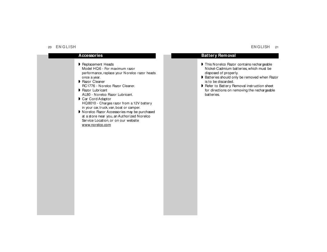 Philips 7617X manual Accessories, Battery Removal 