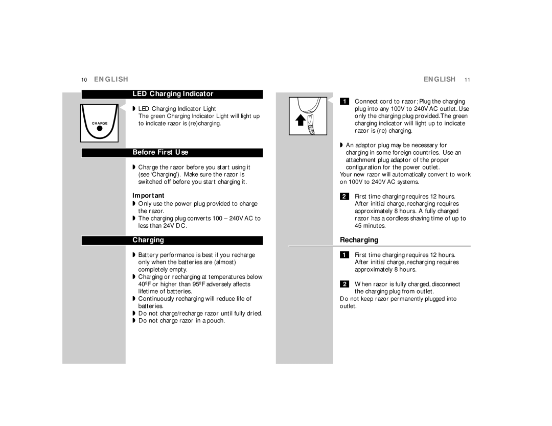 Philips 7617X manual LED Charging Indicator, Before First Use, Recharging 