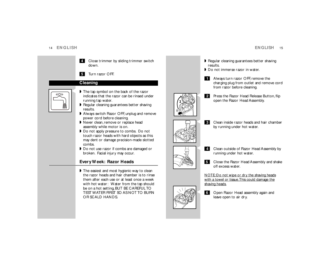 Philips 7617X manual Cleaning, Every Week Razor Heads 