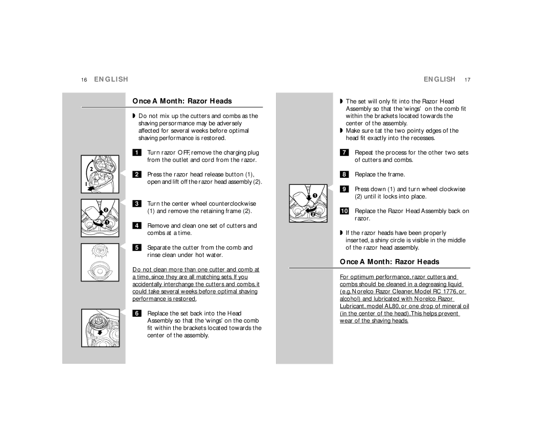 Philips 7617X manual Once a Month Razor Heads, Combs at a time, Rinse clean under hot water 