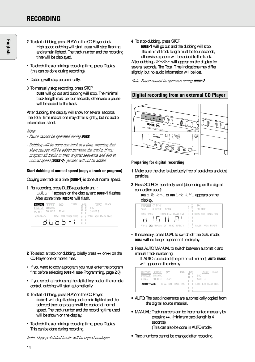 Philips 765 manual Digital recording from an external CD Player, Pause cannot be operated during Dubb 