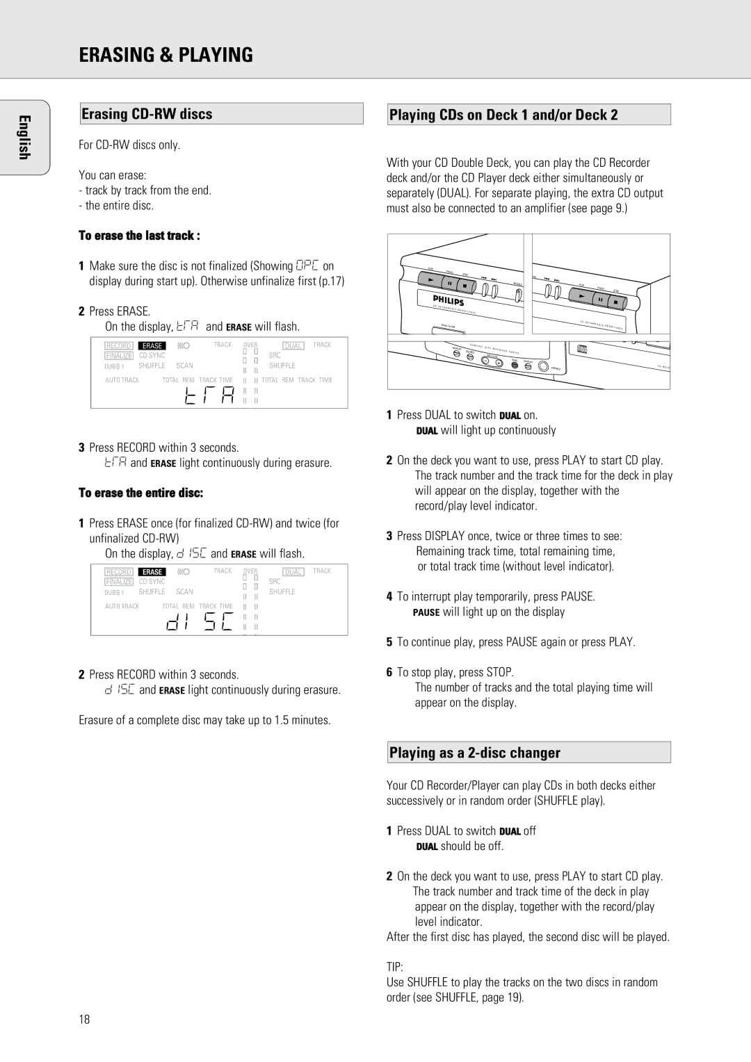 Philips 765 manual Erasing & Playing, Erasing CD-RW discs Playing CDs on Deck 1 and/or Deck, Playing as a 2-disc changer 