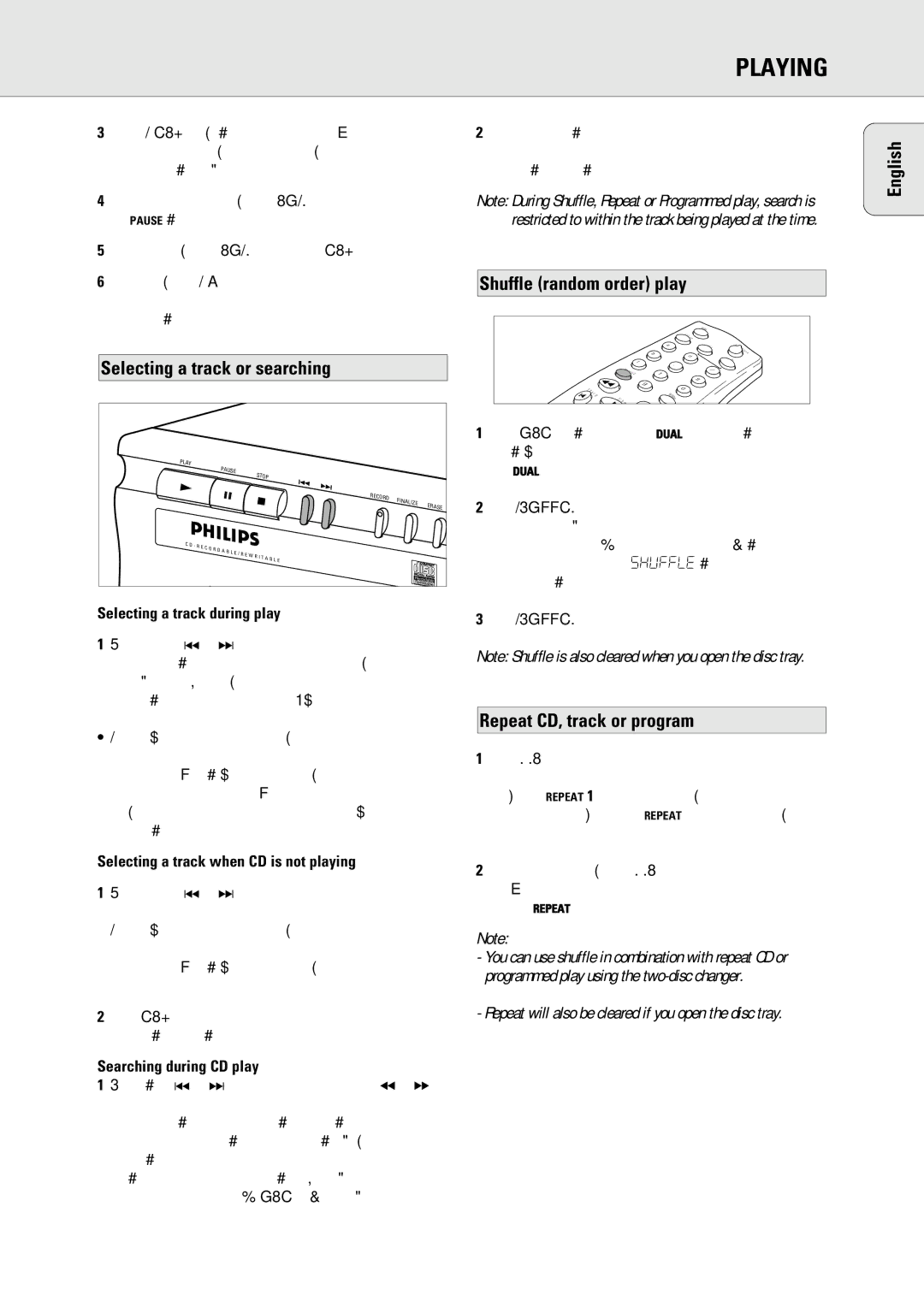 Philips 765 manual Playing, Selecting a track or searching, Shuffle random order play, Repeat CD, track or program 
