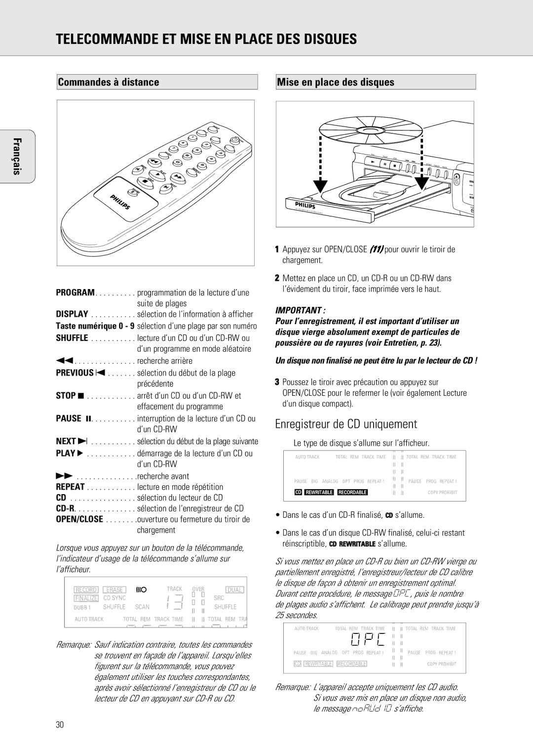 Philips 765 manual Telecommande ET Mise EN Place DES Disques, Français Commandes à distance, Mise en place des disques 