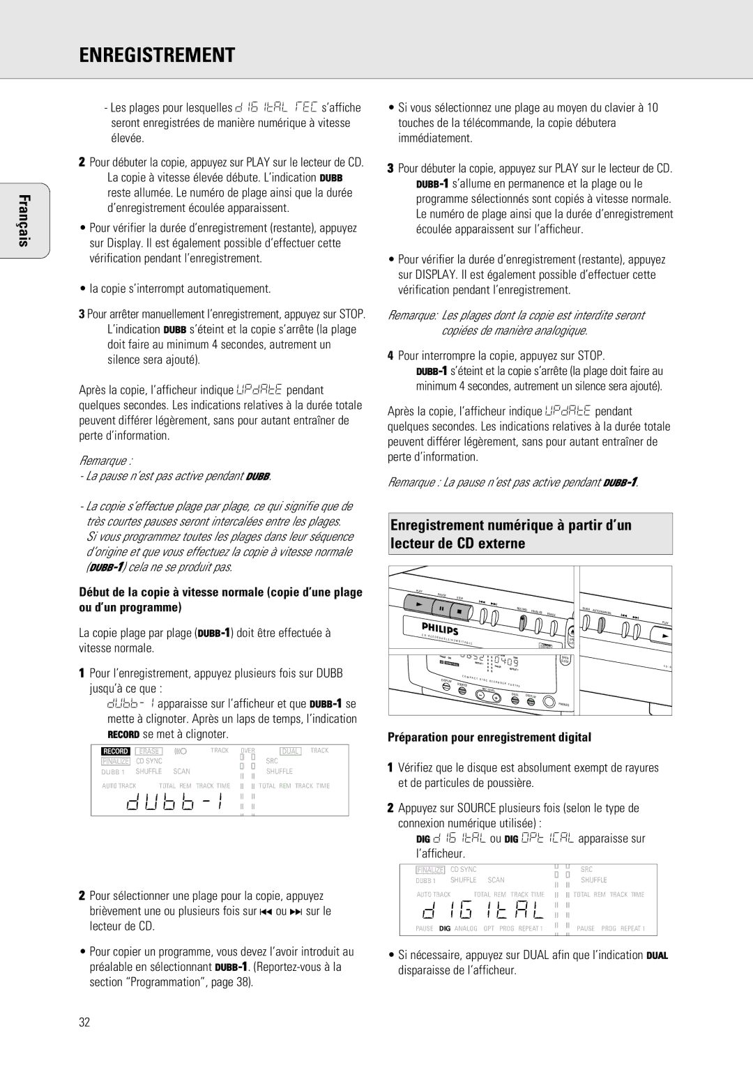 Philips 765 manual Remarque La pause n’est pas active pendant Dubb, Remarque La pause n’est pas active pendant DUBB-1 