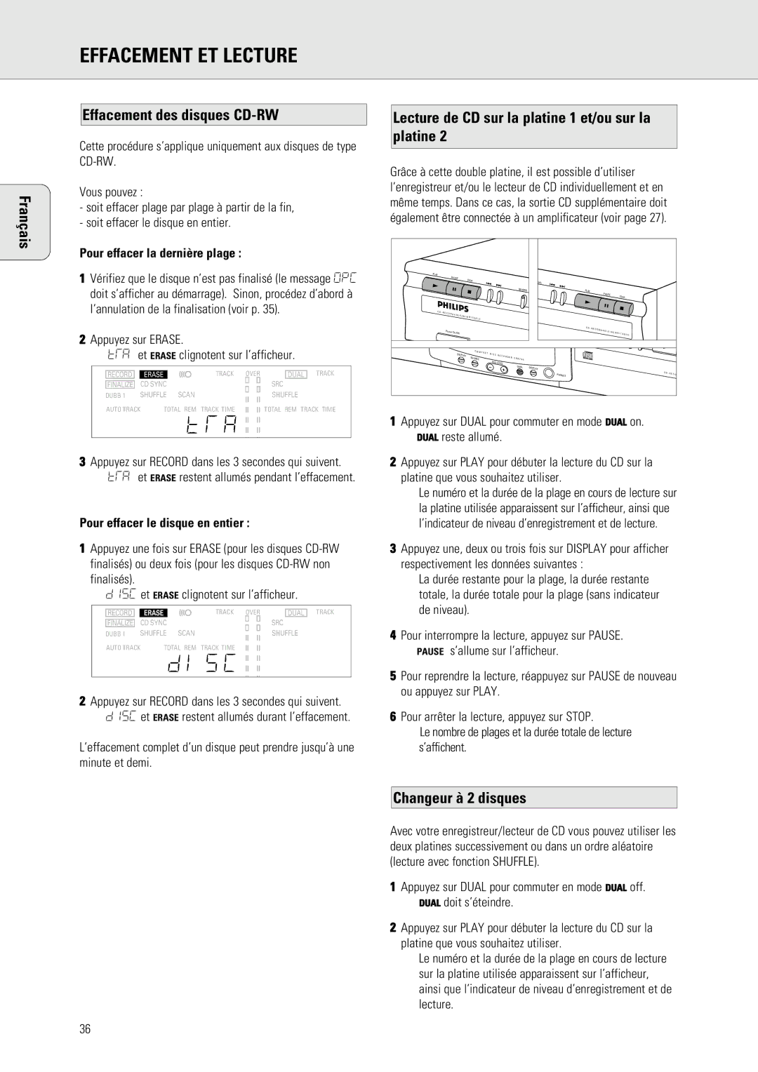 Philips 765 manual Effacement ET Lecture, Effacement des disques CD-RW, Platine, Changeur à 2 disques 