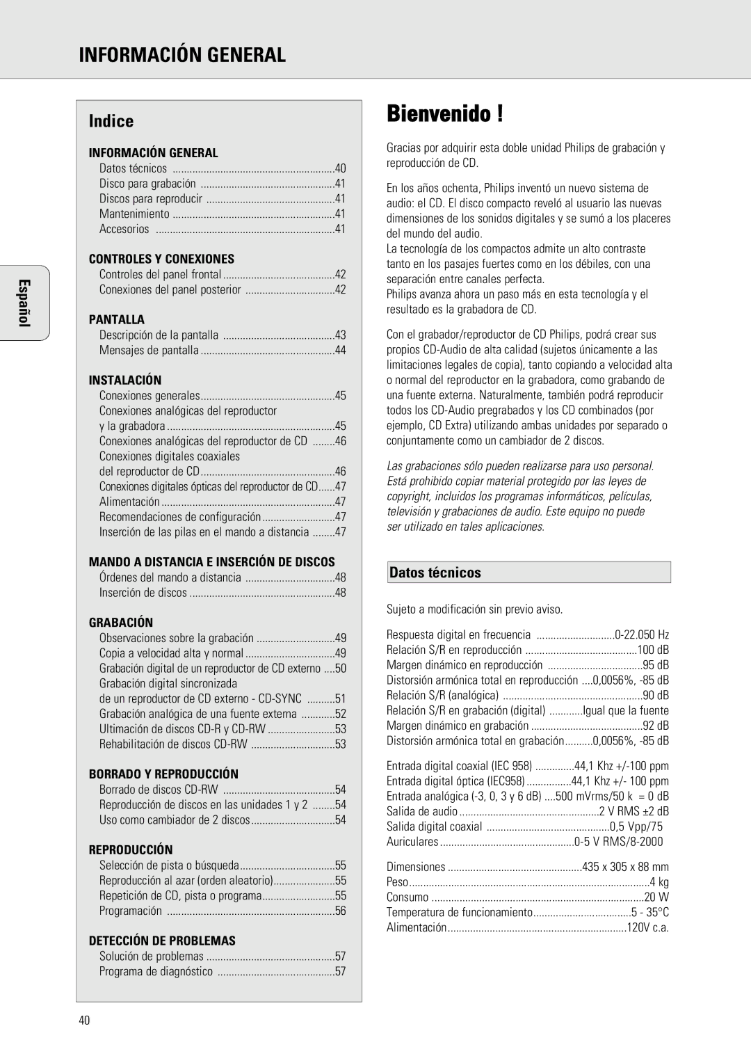 Philips 765 manual Información General, Español, Datos técnicos 