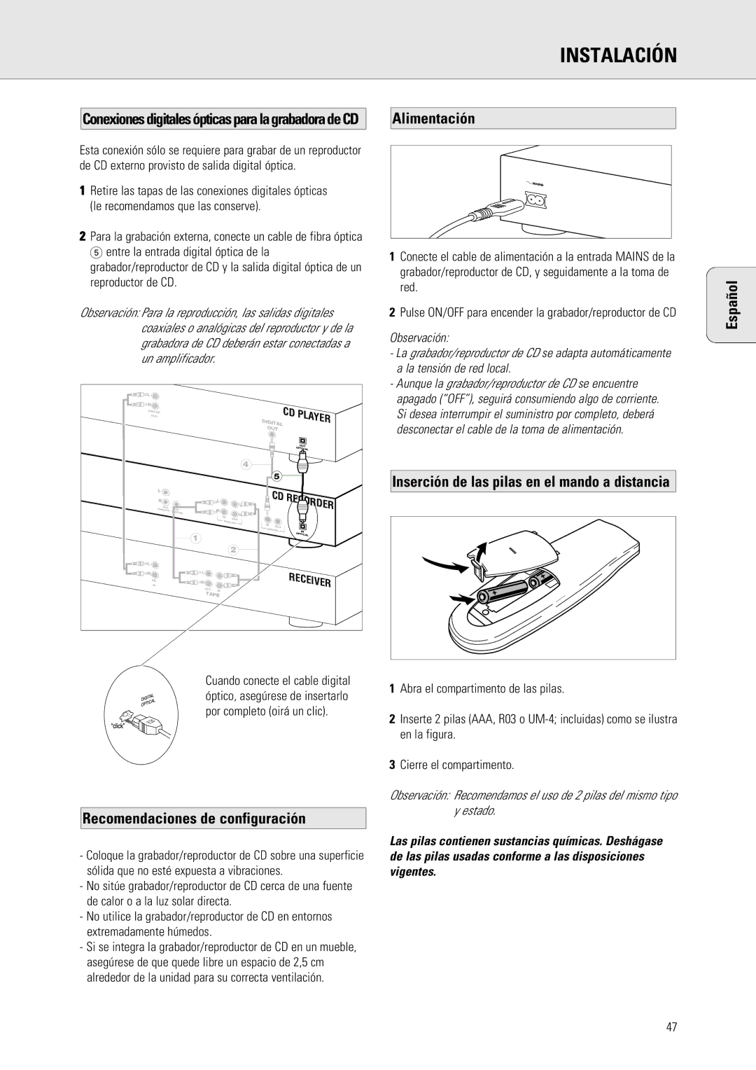 Philips 765 manual Alimentación, Inserción de las pilas en el mando a distancia, Recomendaciones de configuración 