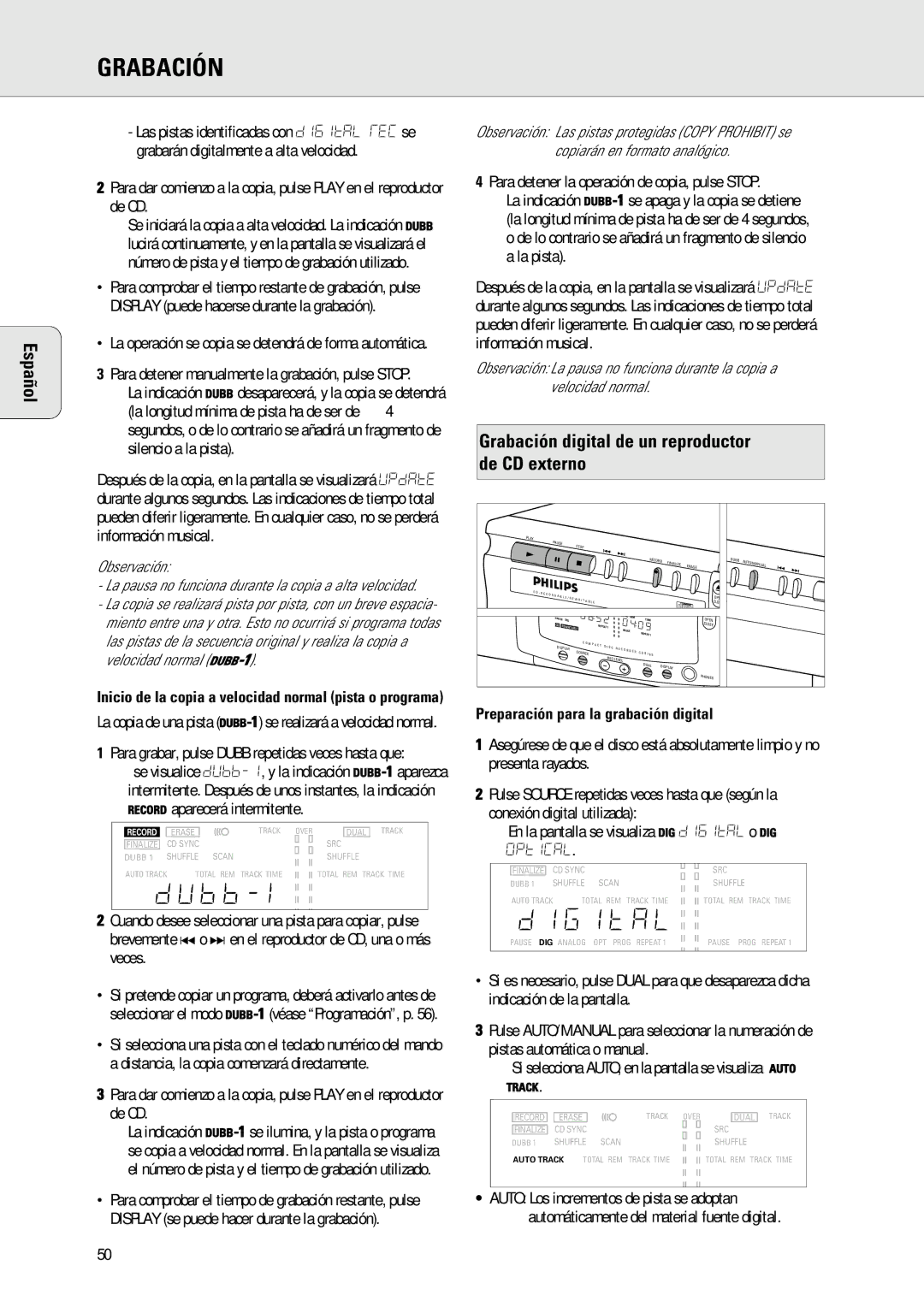 Philips 765 manual Inicio de la copia a velocidad normal pista o programa 