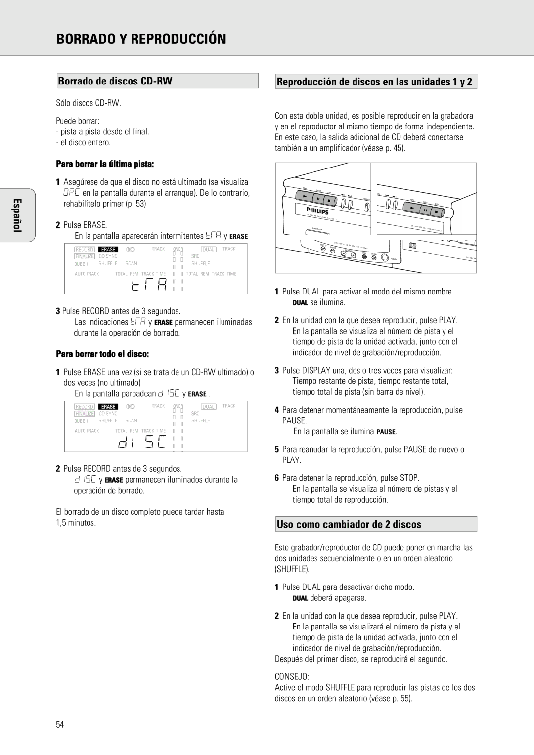 Philips 765 manual Borrado Y Reproducción, Borrado de discos CD-RW, Uso como cambiador de 2 discos 