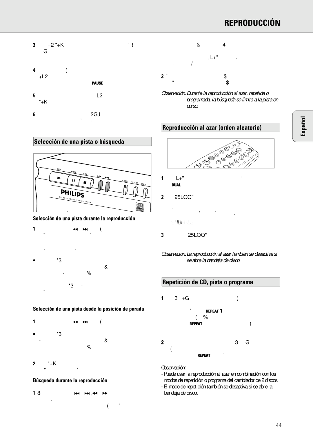 Philips 765 manual Selección de una pista o búsqueda, Reproducción al azar orden aleatorio 