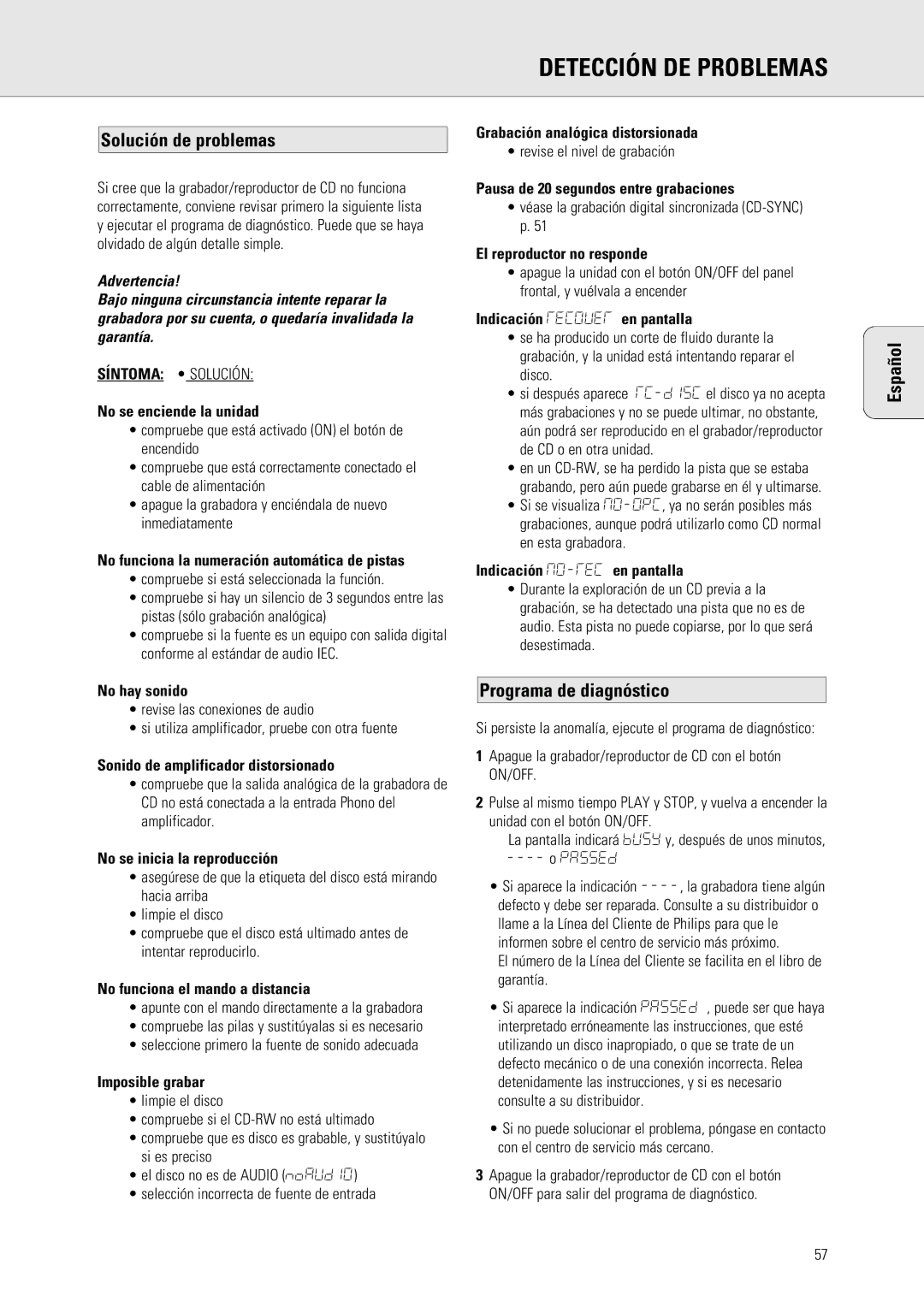 Philips 765 manual Detección DE Problemas, Solución de problemas, Programa de diagnóstico 