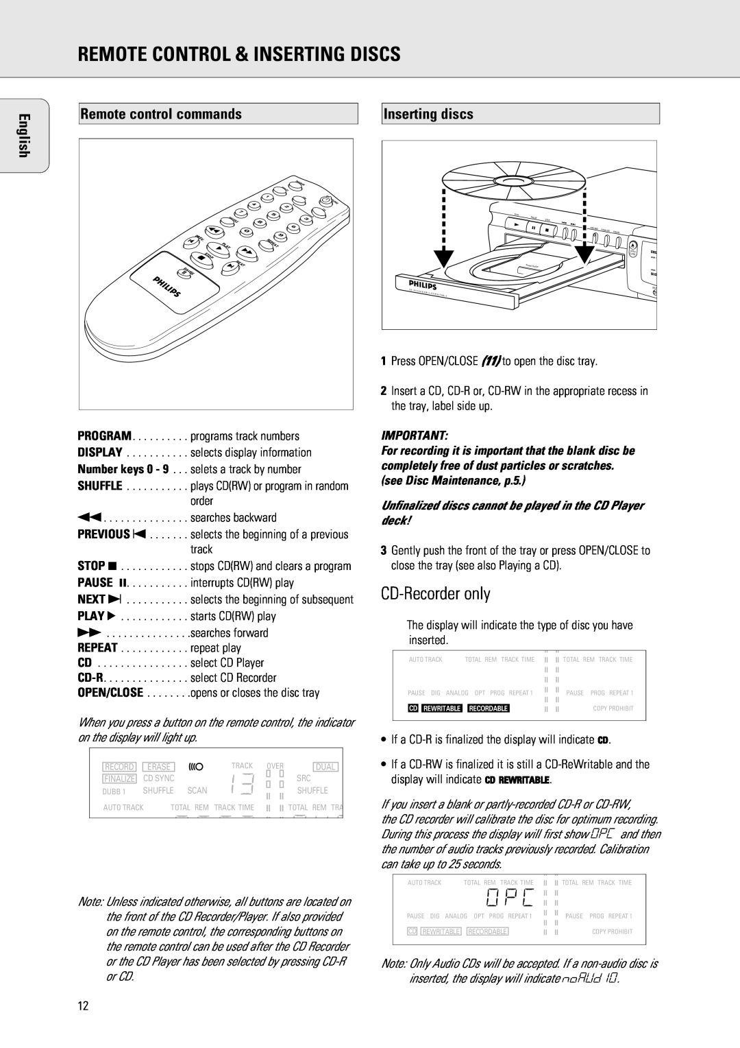 Philips 765 manual Remote Control & Inserting Discs, CD-Recorderonly, Remote control commands, Inserting discs, English 