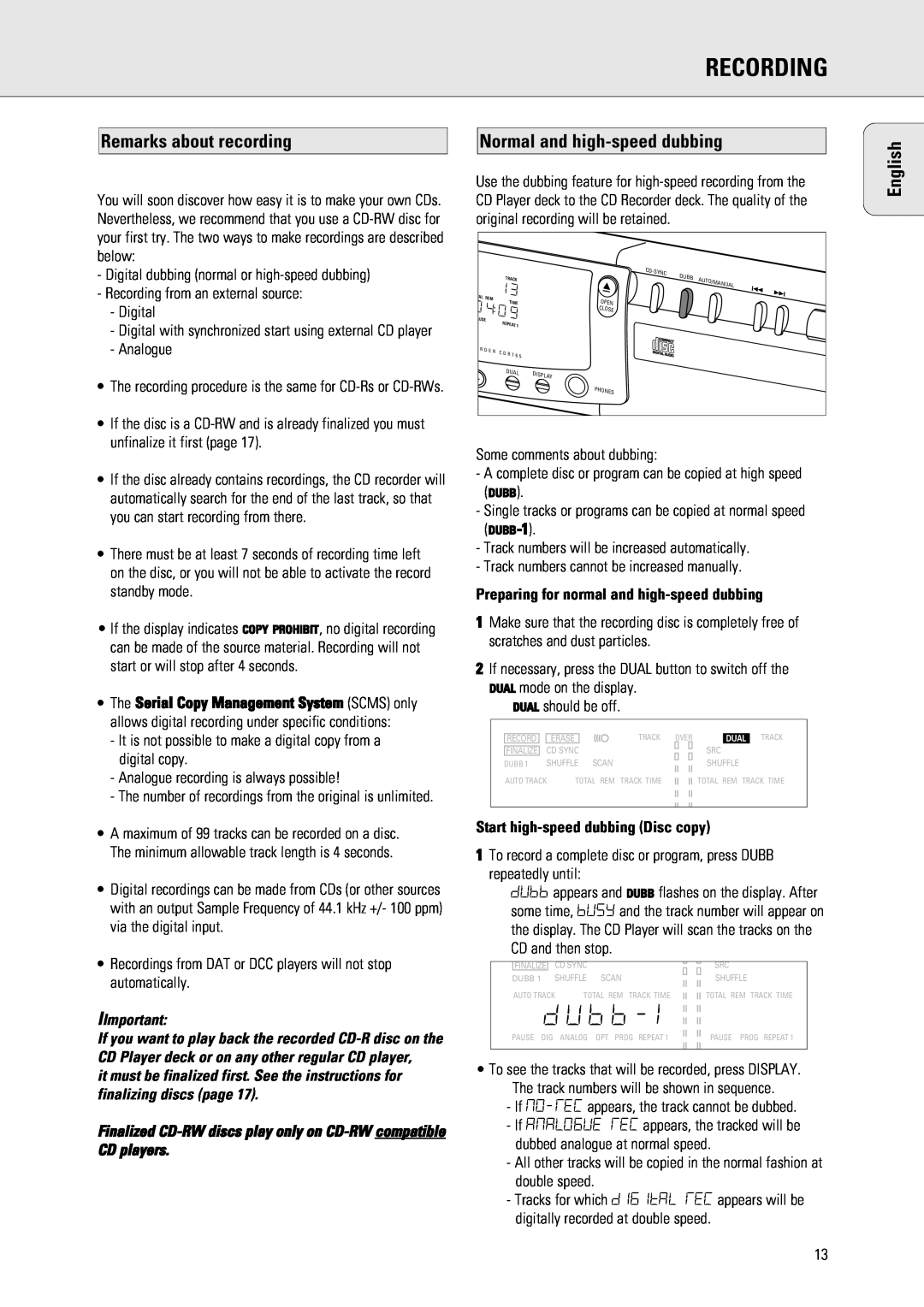 Philips 765 manual Recording, Remarks about recording, Normal and high-speeddubbing, IImportant, English 