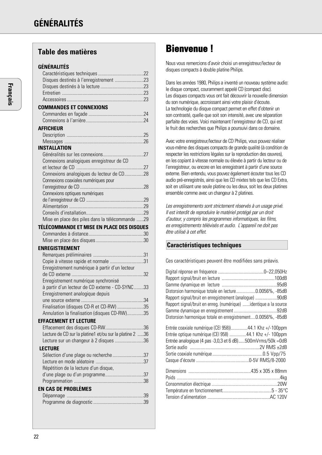 Philips 765 Bienvenue, Généralités, Table des matières, Français, Caractéristiques techniques, Commandes Et Connexions 