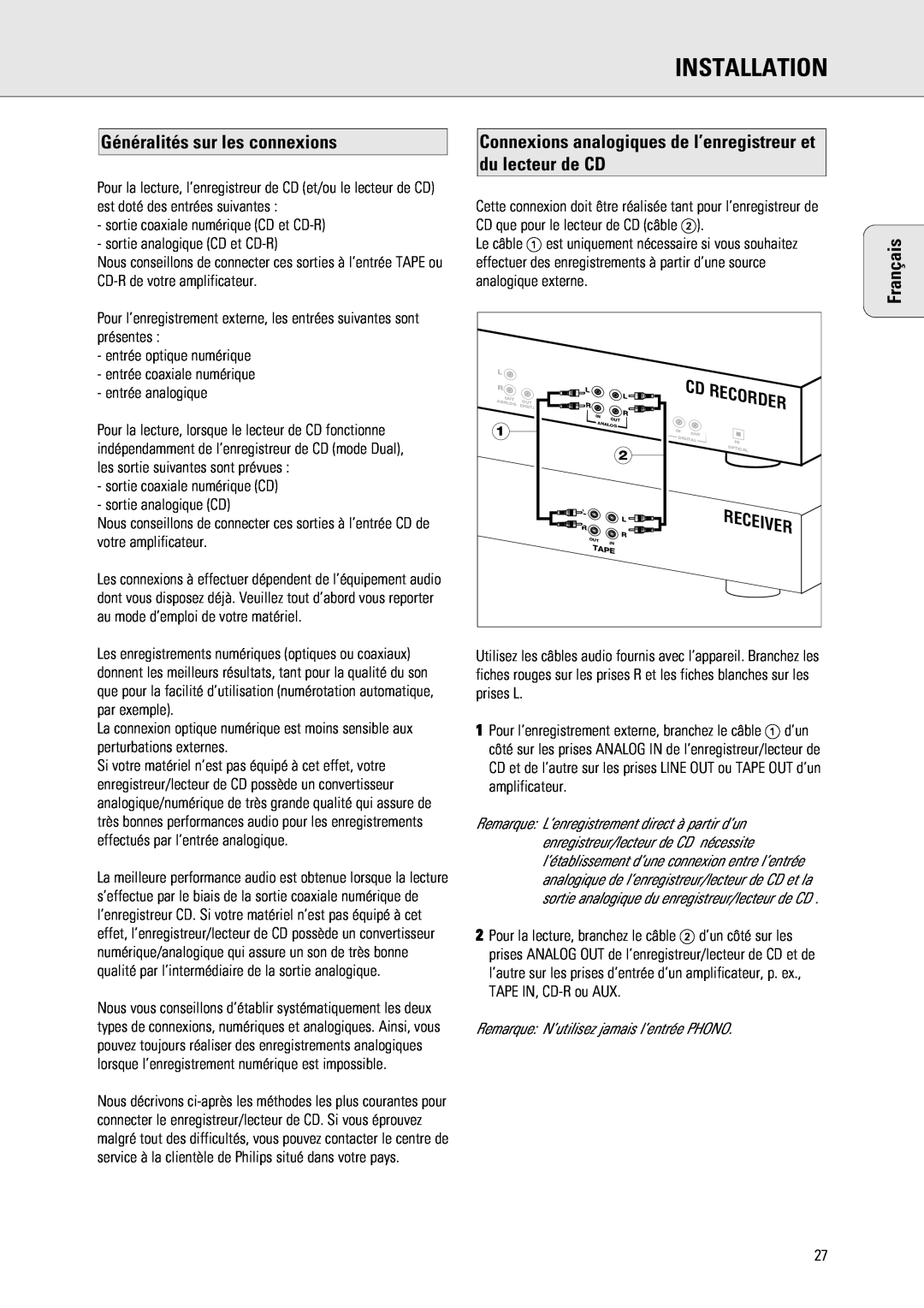 Philips 765 manual Généralités sur les connexions, Installation, Français, Recorder 