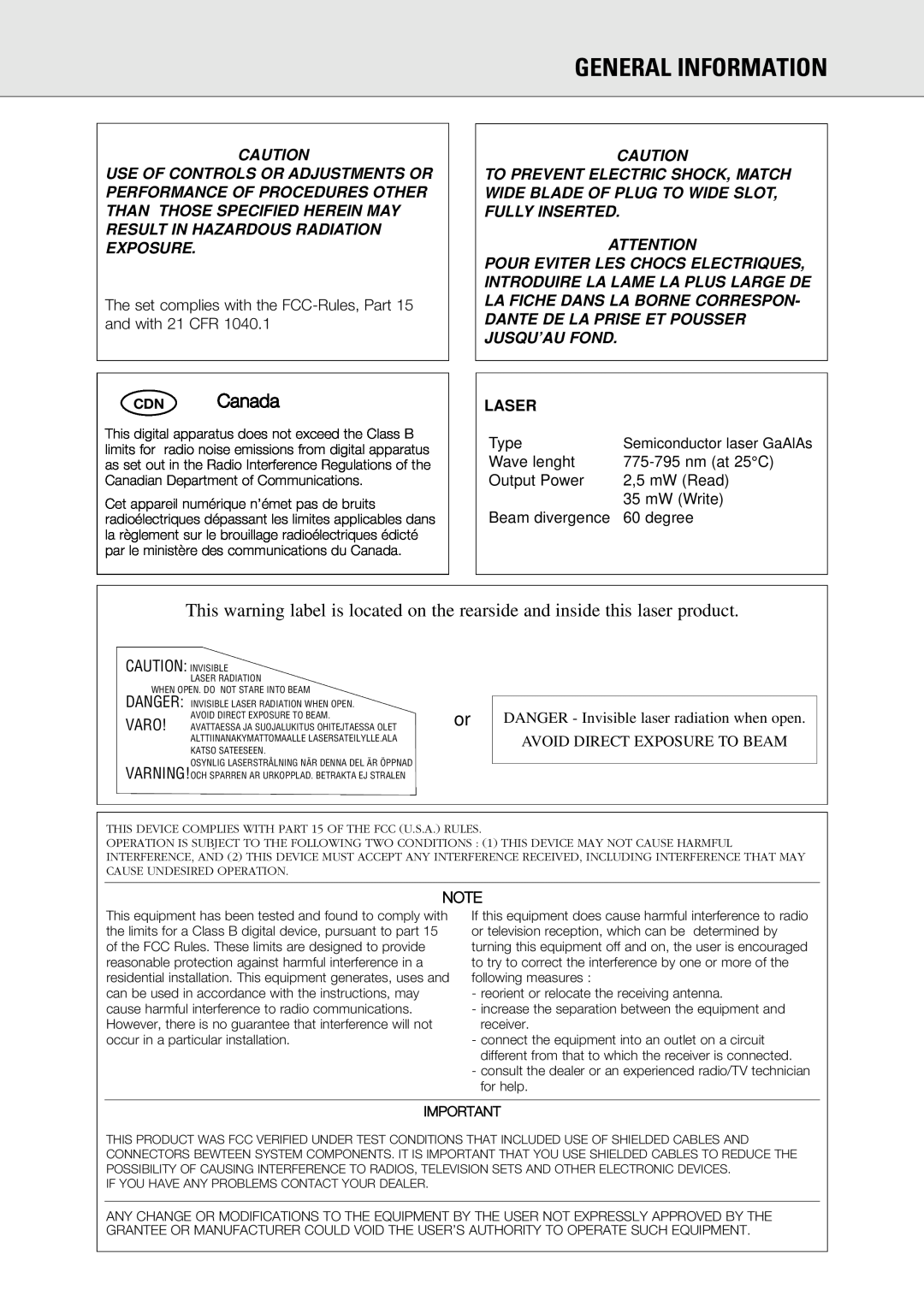 Philips 765 manual General Information, CDN Canada, Laser 