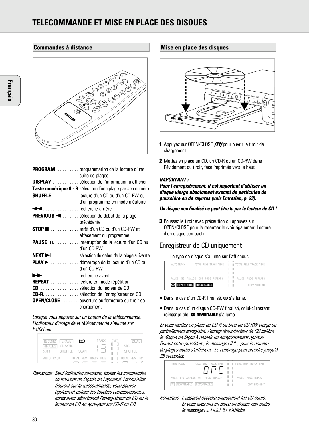 Philips 765 manual Telecommande Et Mise En Place Des Disques, Enregistreur de CD uniquement, Commandes à distance, Français 