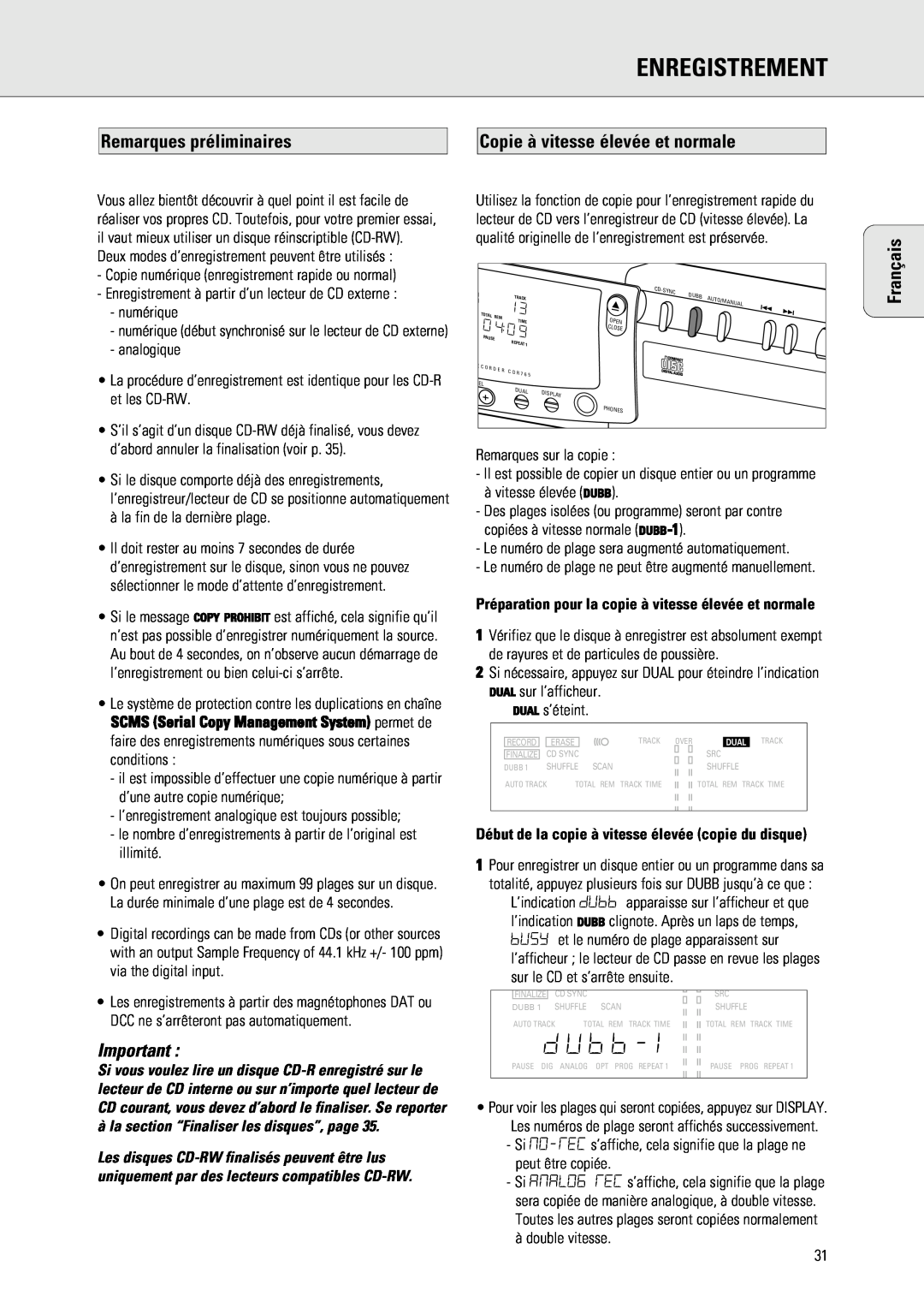 Philips 765 manual Enregistrement, Remarques préliminaires, Copie à vitesse élevée et normale, Français 