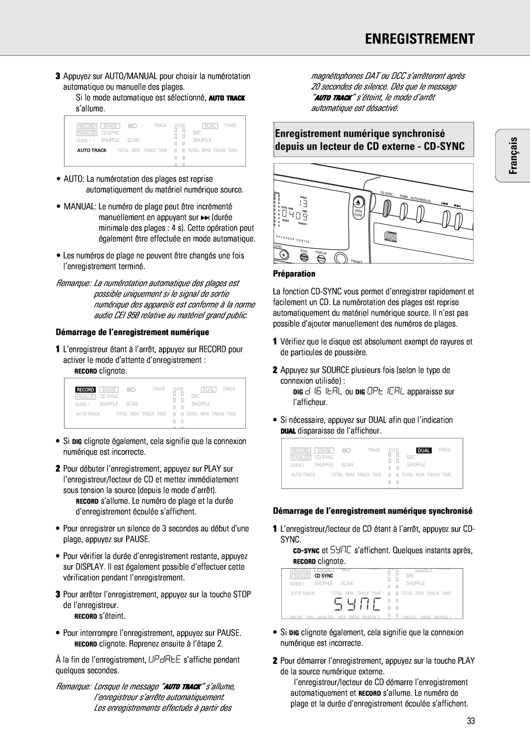 Philips 765 manual Démarrage de l’enregistrement numérique, Préparation, Enregistrement, Français 