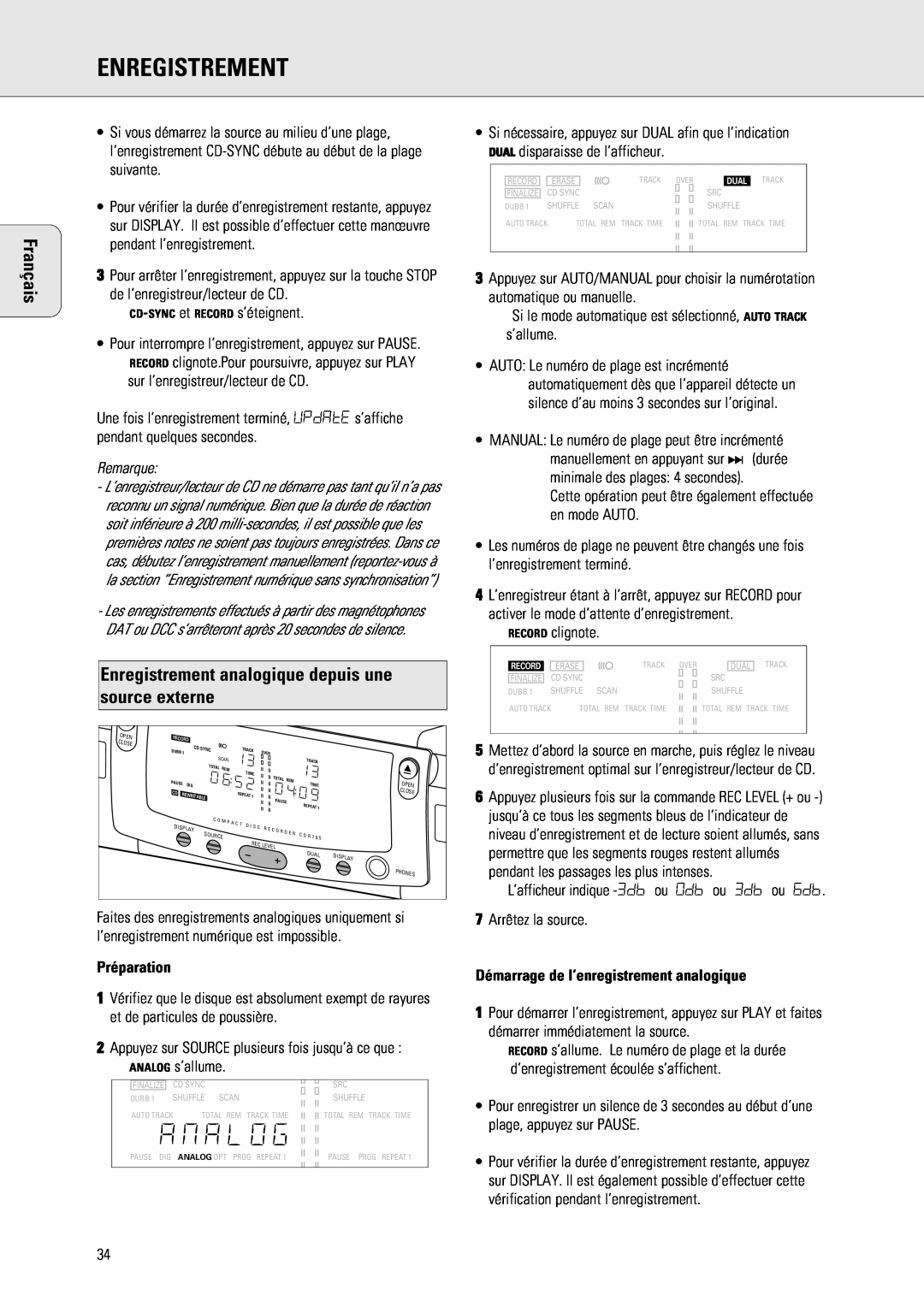 Philips 765 manual Démarrage de l’enregistrement analogique, Enregistrement, Français, Préparation 