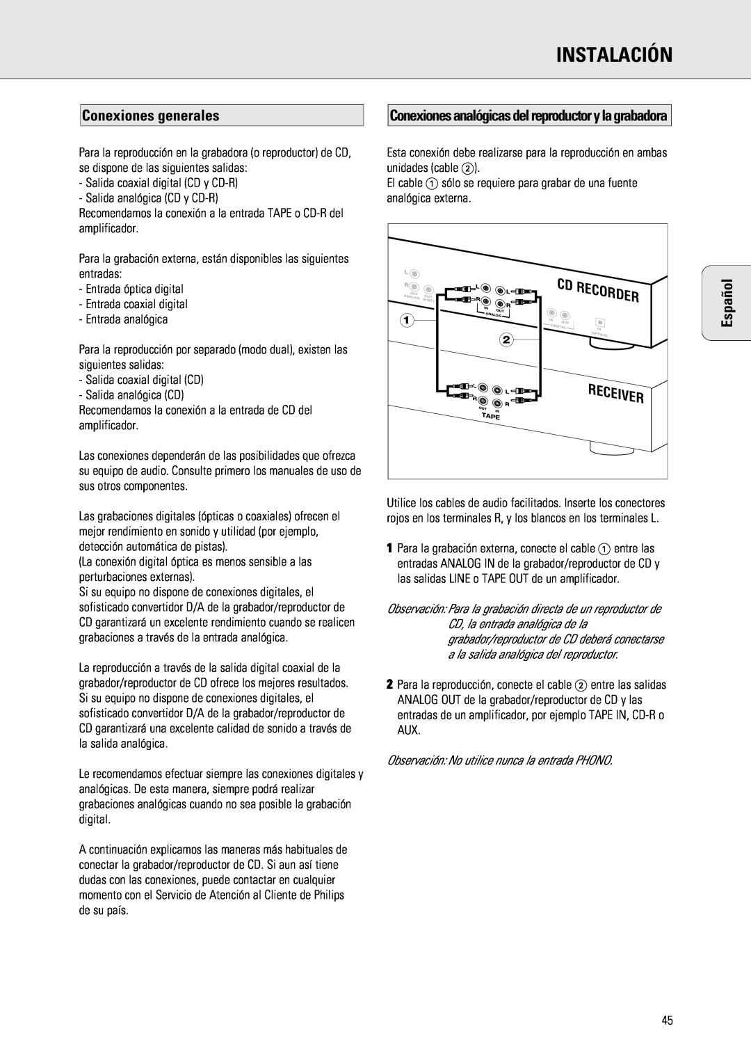 Philips 765 manual Instalación, Conexiones generales, Conexionesanalógicasdelreproductorylagrabadora, Español, Recorder 