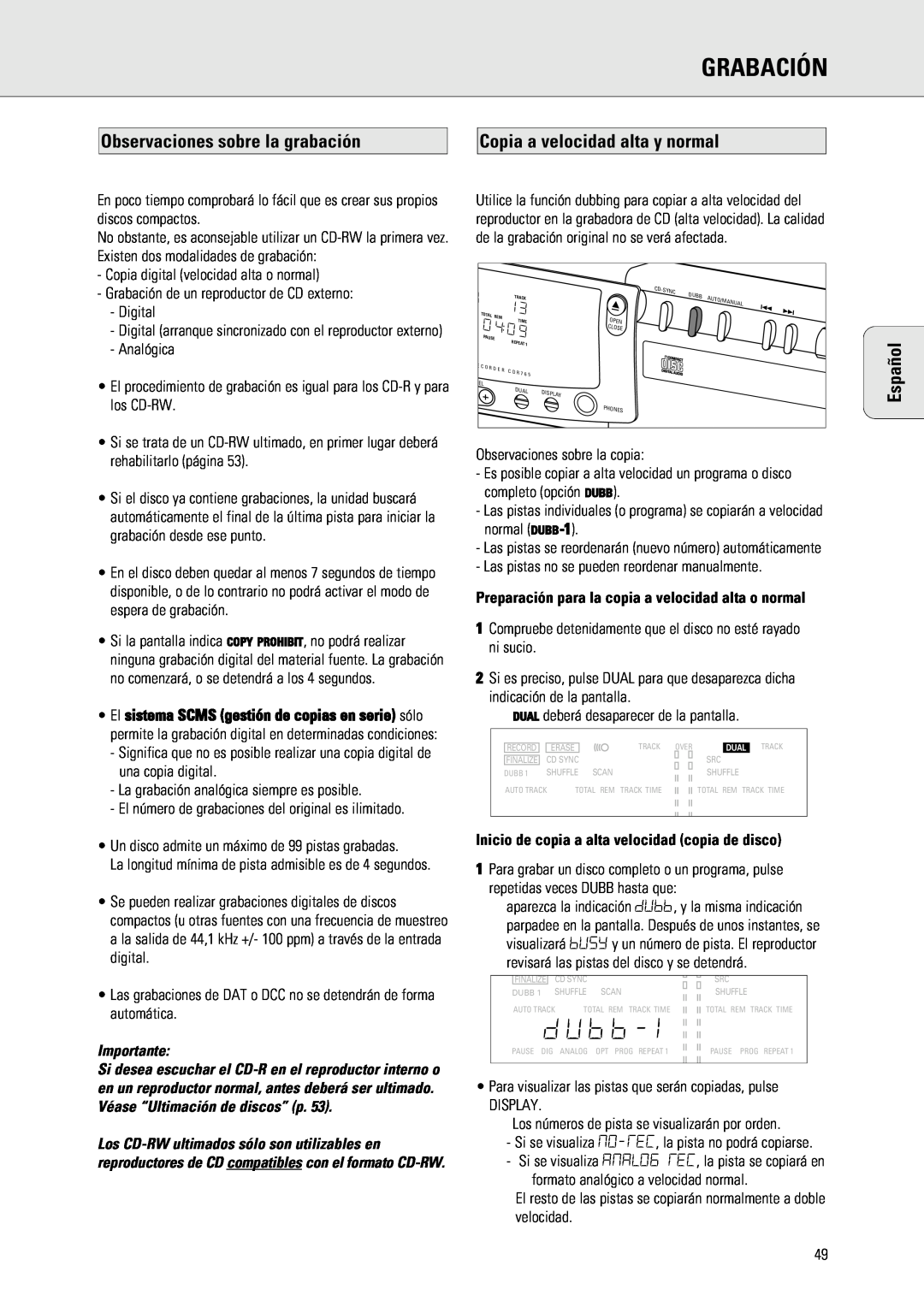 Philips 765 manual Grabación, Observaciones sobre la grabación, Copia a velocidad alta y normal, Importante, Español 