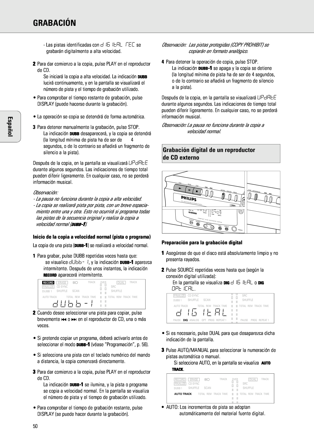 Philips 765 manual Español, Grabación digital de un reproductor, de CD externo 