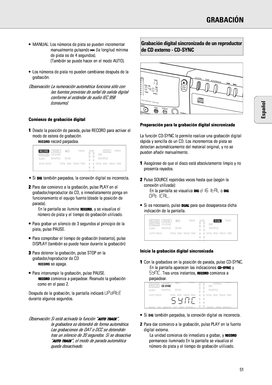 Philips 765 manual Comienzo de grabación digital, Inicie la grabación digital sincronizada, Grabación, Español 