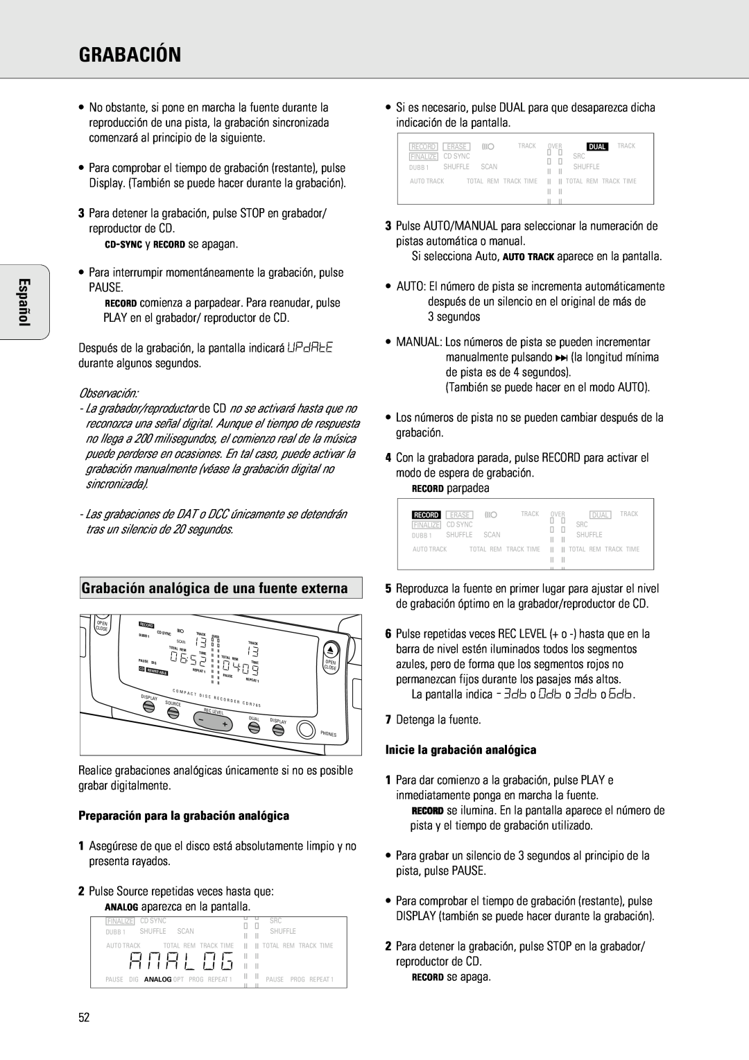 Philips 765 manual Grabación analógica de una fuente externa, Preparación para la grabación analógica, Español 
