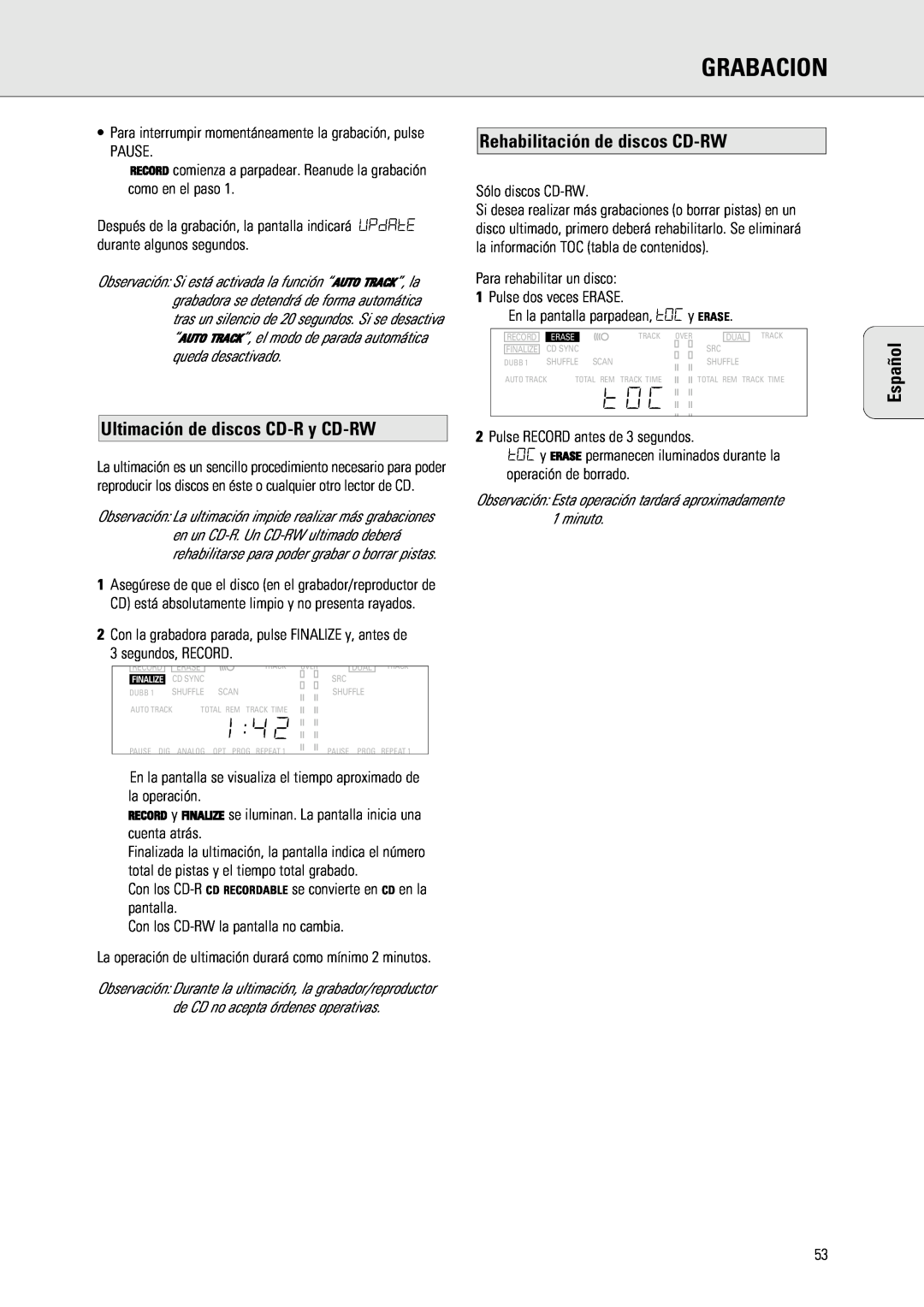 Philips 765 manual Grabacion, Ultimación de discos CD-Ry CD-RW, Rehabilitación de discos CD-RW, Español 