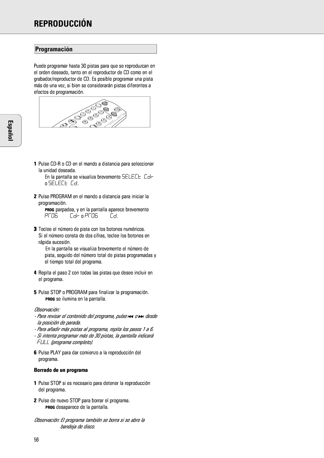 Philips 765 manual Programación, Borrado de un programa, Reproducción, Español 