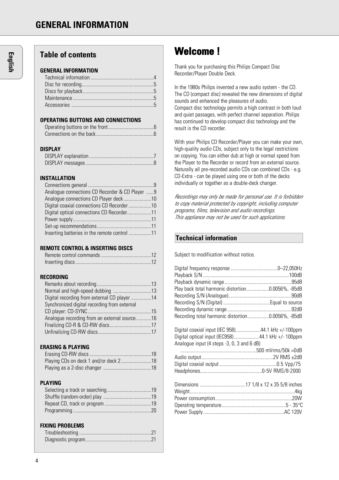 Philips 765 manual Welcome, Table of contents, English, Technical information, General Information, Display, Installation 