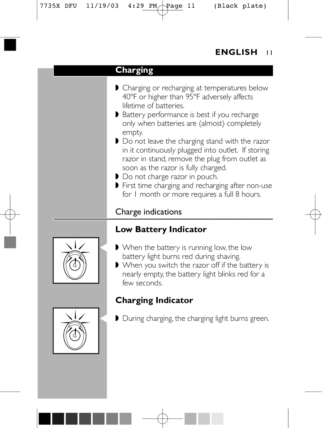 Philips 7737X manual Charge indications, Low Battery Indicator, Charging Indicator 