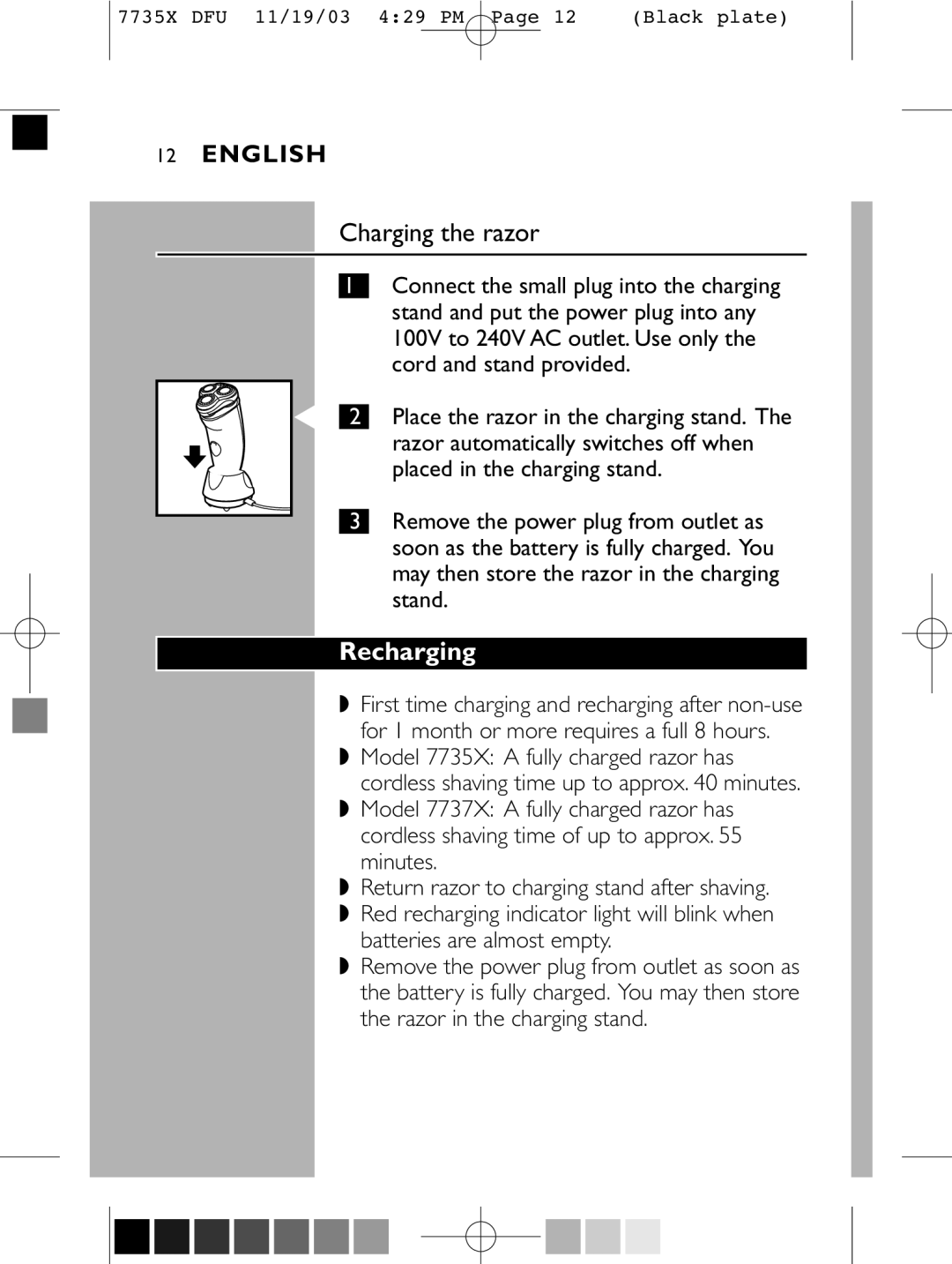 Philips 7737X manual Charging the razor, Recharging 