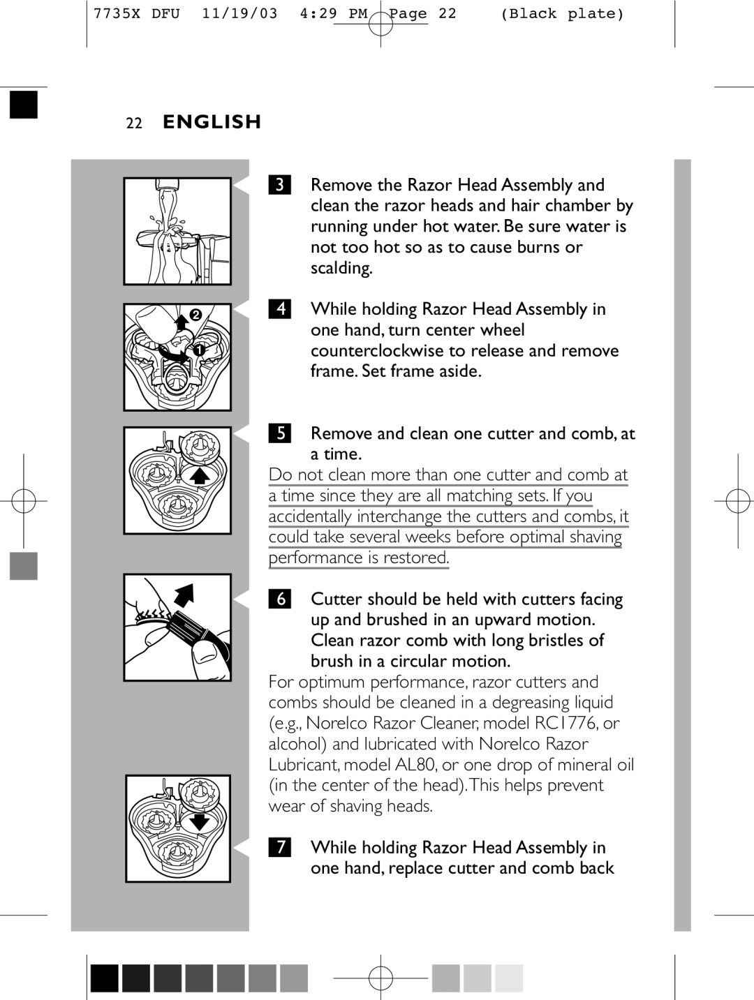 Philips 7737X manual Not too hot so as to cause burns or, Scalding, One hand, turn center wheel, Frame. Set frame aside 