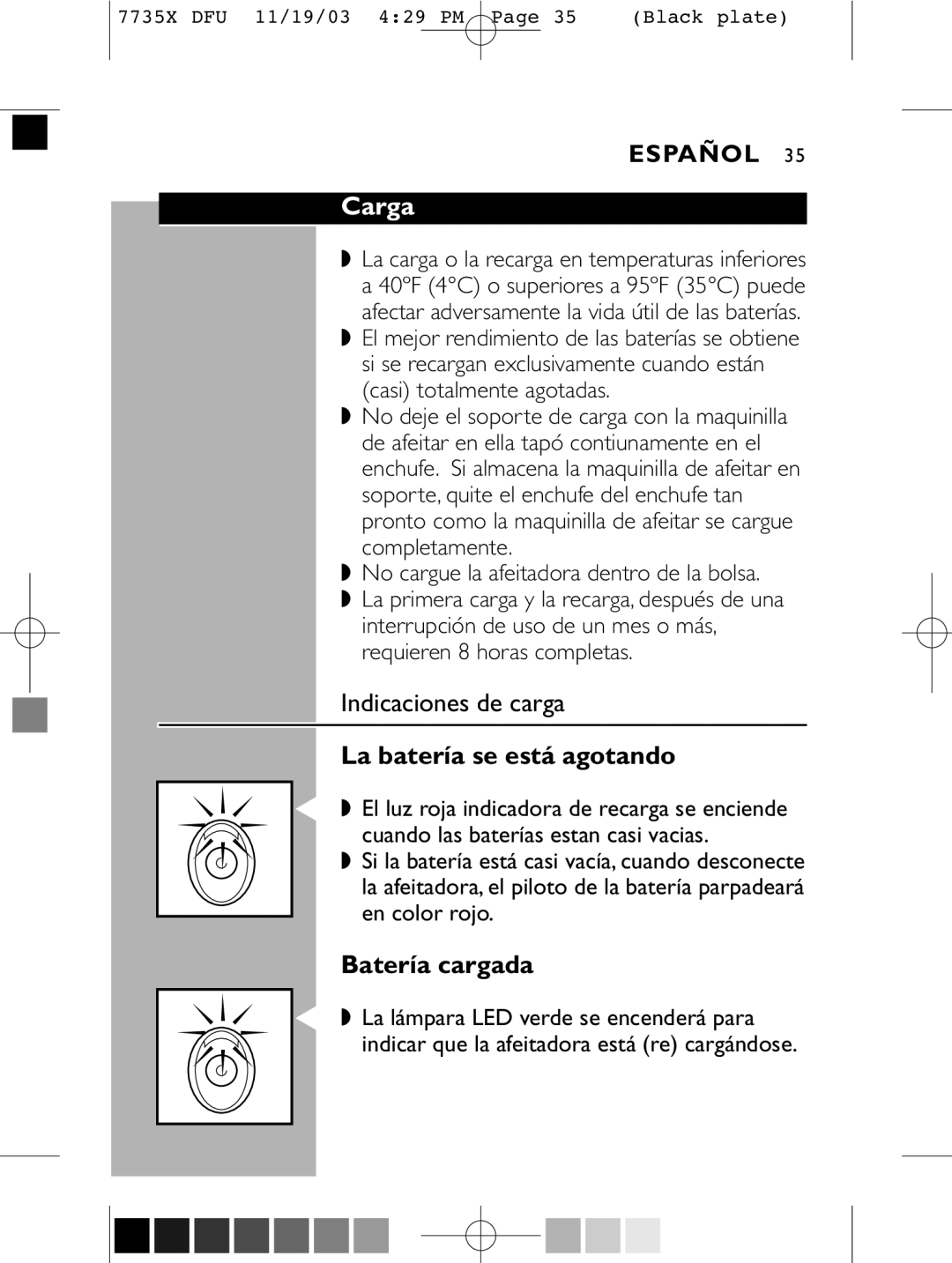 Philips 7737X manual Carga, Indicaciones de carga, La batería se está agotando, Batería cargada 