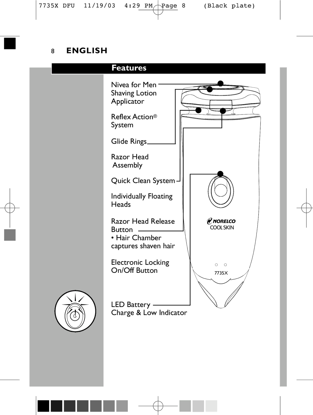 Philips 7737X manual Features, Electronic Locking On/Off Button, LED Battery Charge & Low Indicator 