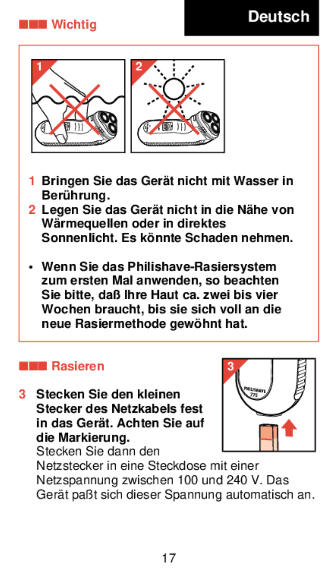 Philips 775 manual Deutsch, Wichtig, Bringen Sie das Gerä t nicht mit Wasser in Berü hrung, Rasieren 