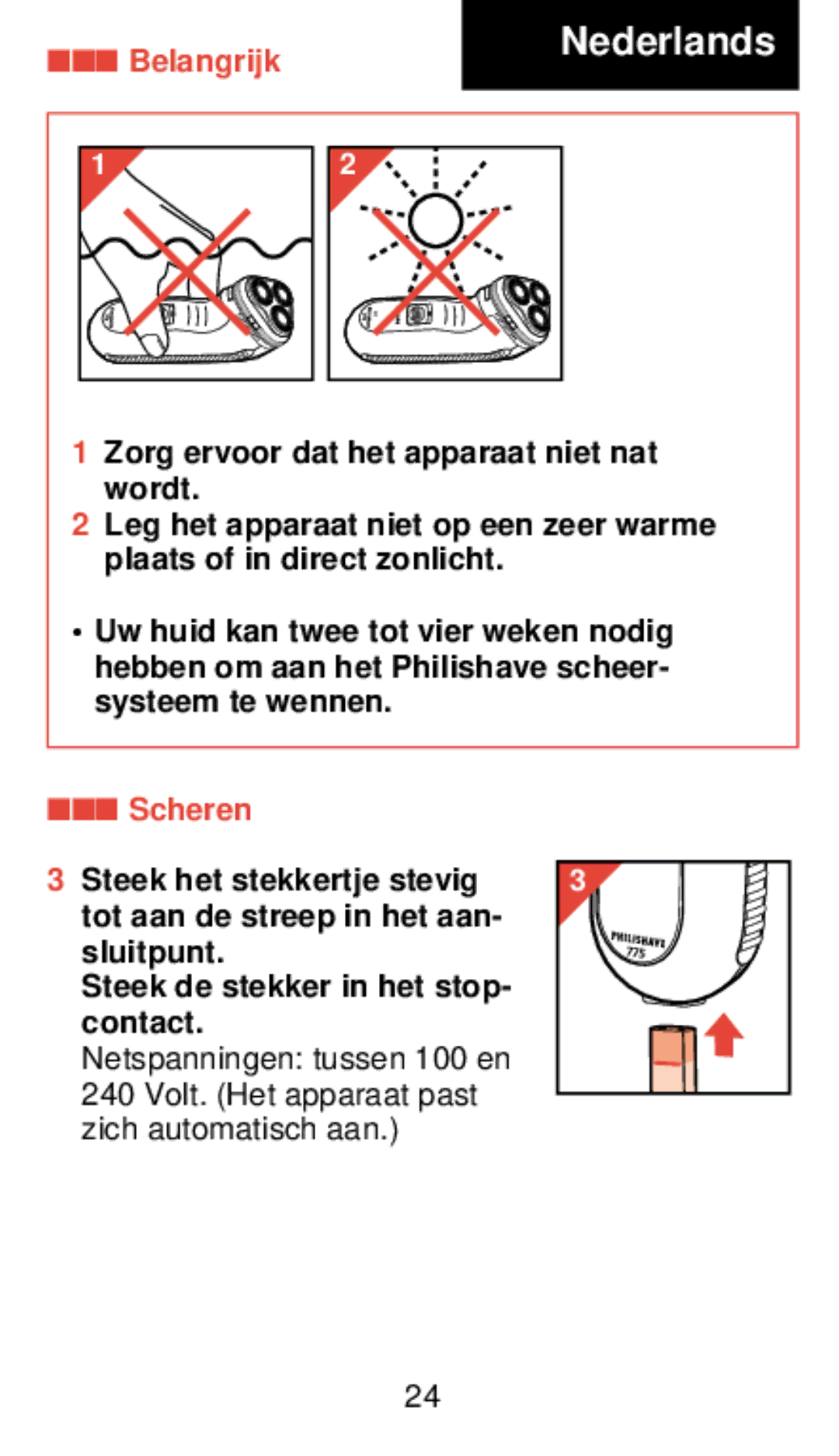 Philips 775 manual Nederlands, Belangrijk, Scheren 