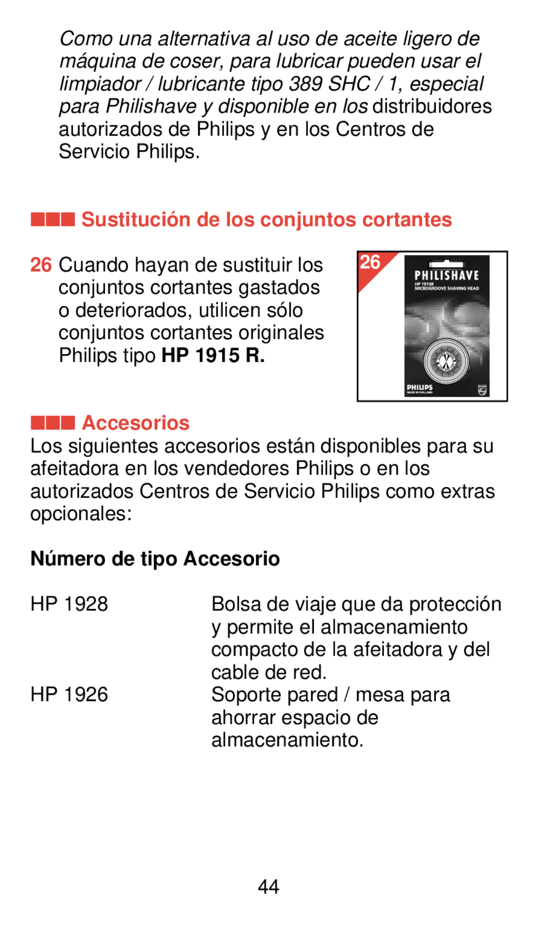 Philips 775 manual Sustitució n de los conjuntos cortantes, Accesorios, Nú mero de tipo Accesorio 