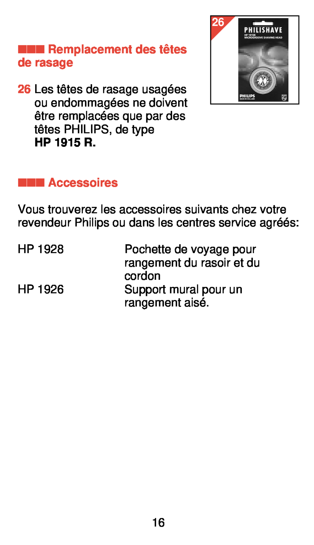 Philips 775 manual Remplacement des tê tes de rasage, Accessoires, HP 1915 R 