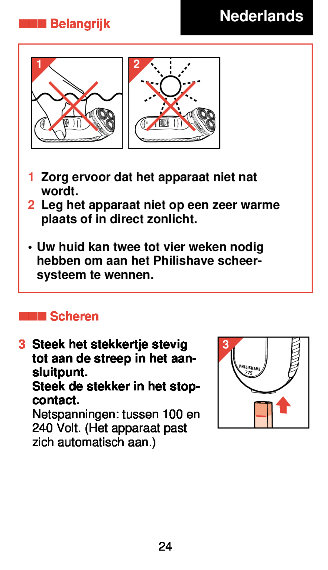Philips 775 manual Nederlands, Belangrijk, Scheren 