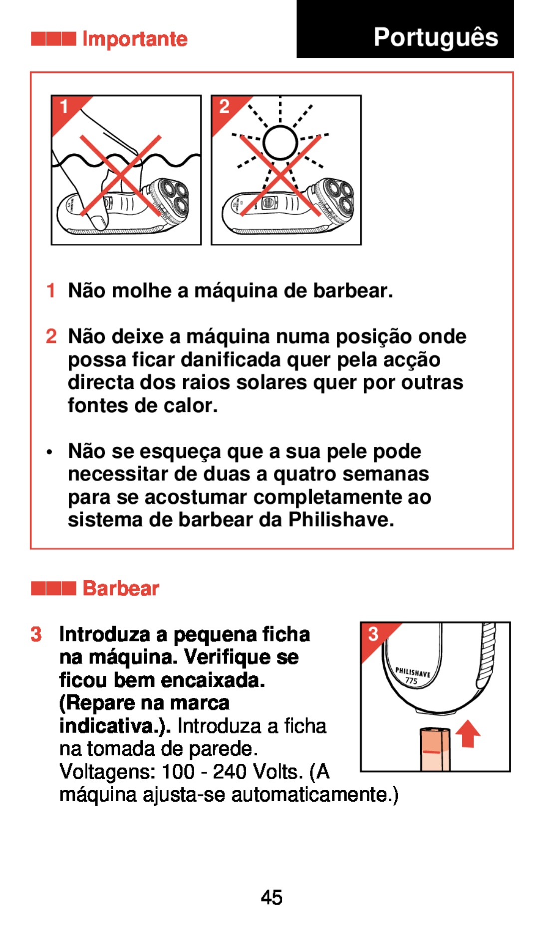 Philips 775 manual Portuguê s, Barbear, Importante 