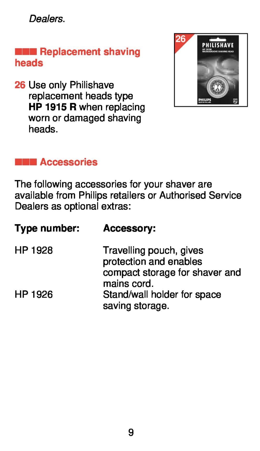 Philips 775 manual Replacement shaving heads, Accessories, Type number, Accessory 