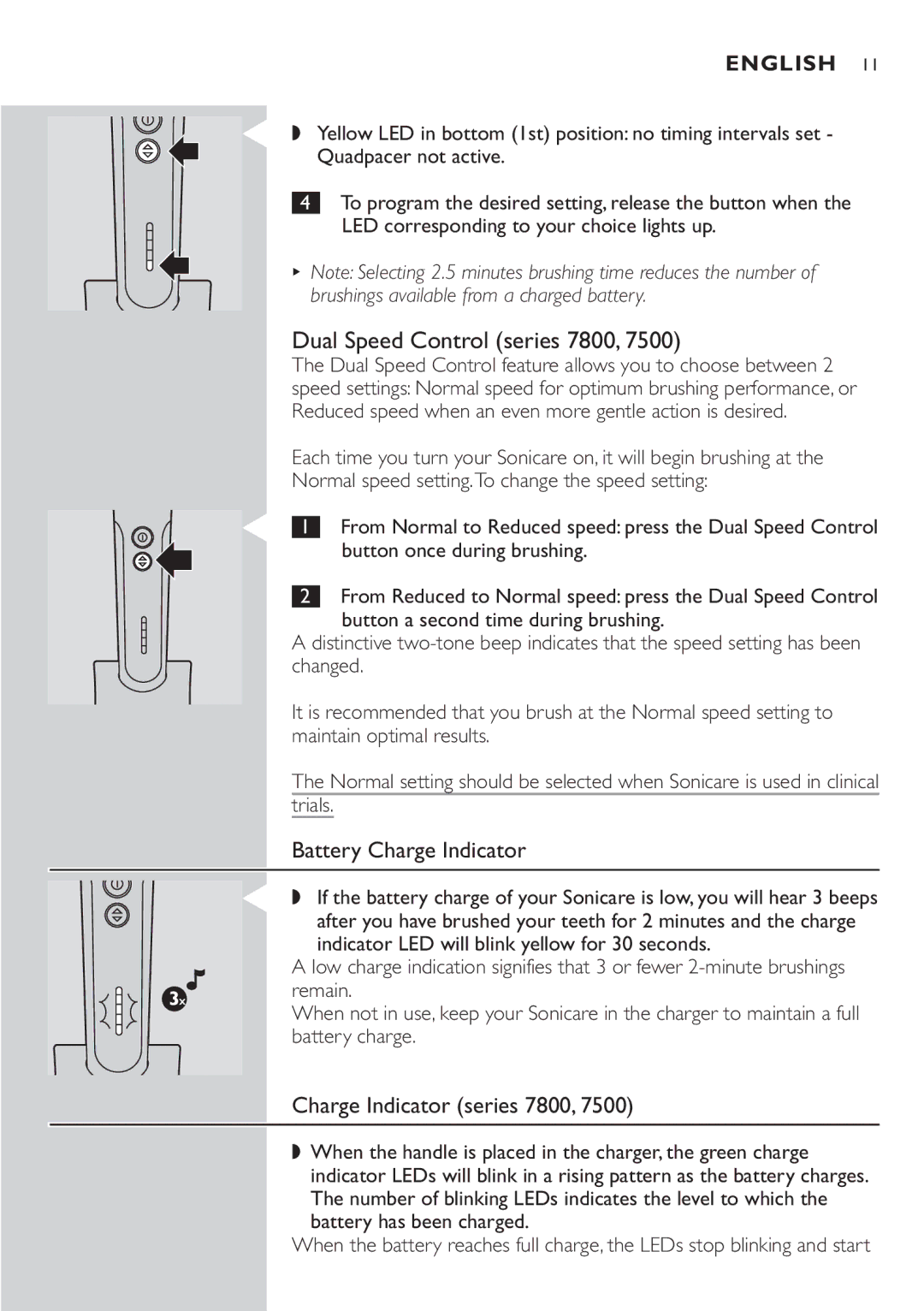 Philips manual Dual Speed Control series 7800, Battery Charge Indicator, Charge Indicator series 7800 