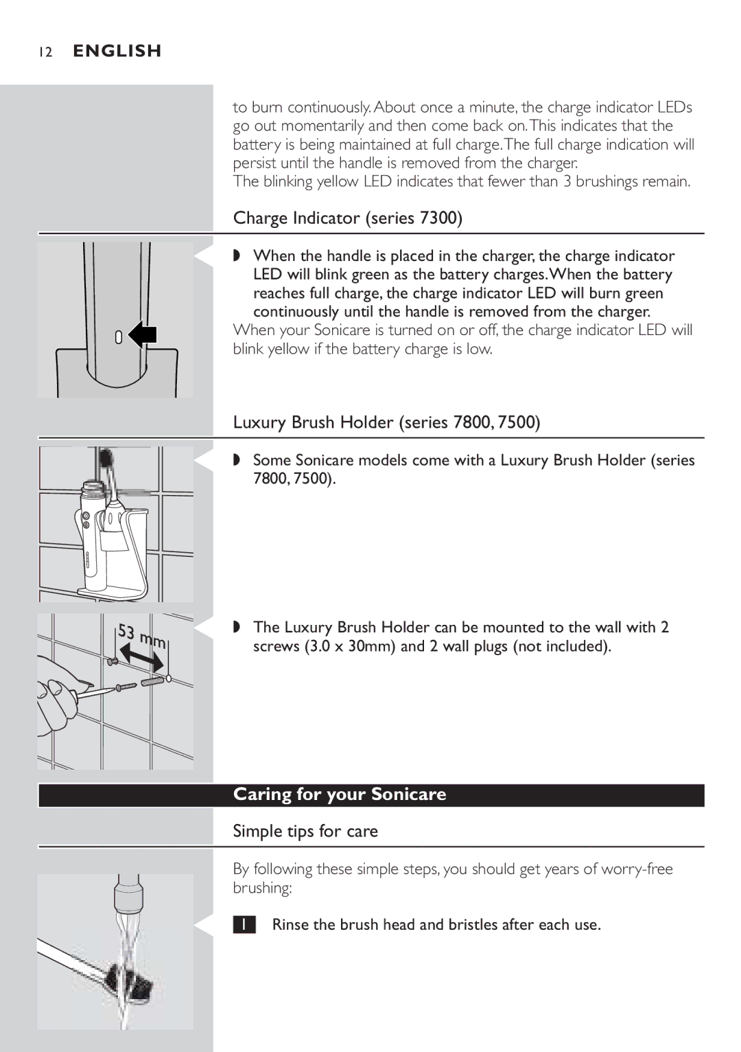 Philips manual Charge Indicator series, Luxury Brush Holder series 7800, Caring for your Sonicare, Simple tips for care 