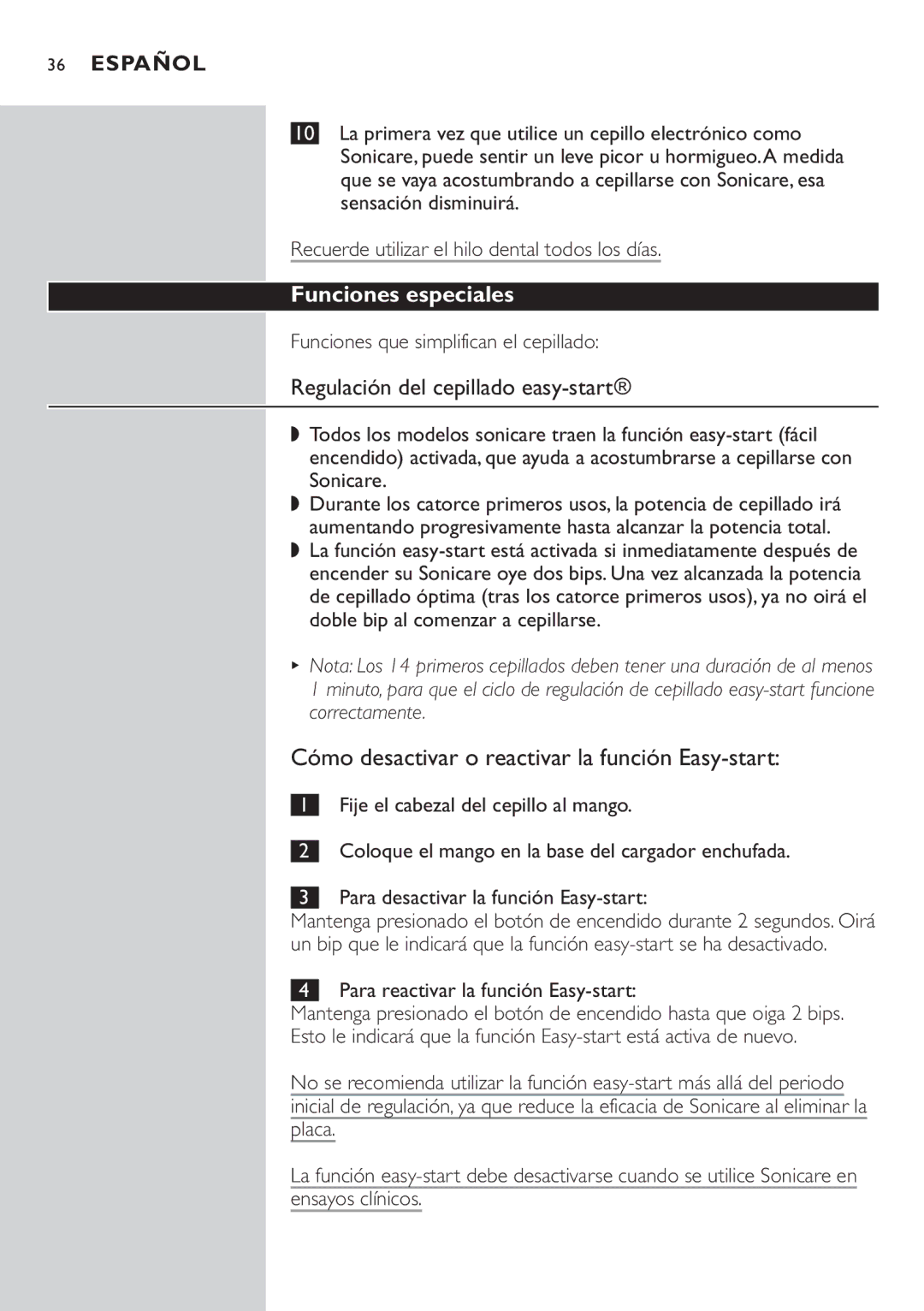 Philips 7800 Funciones especiales, Regulación del cepillado easy-start, Cómo desactivar o reactivar la función Easy-start 